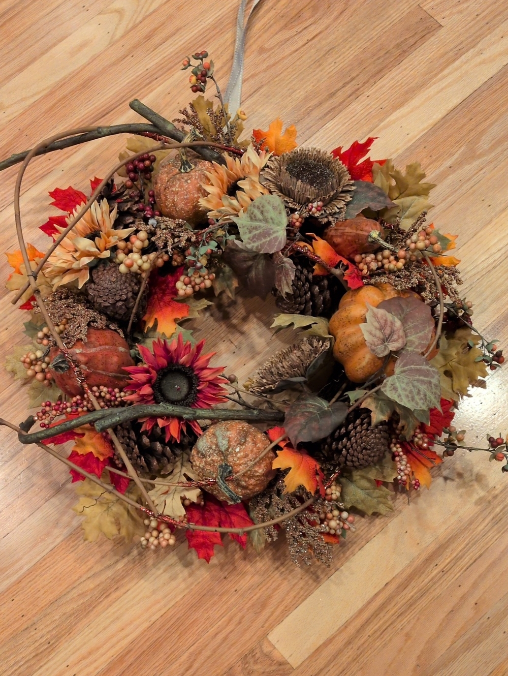 Autumn Harvest Pumpkin & Pinecone Wreath - Orange Fall Door Decor